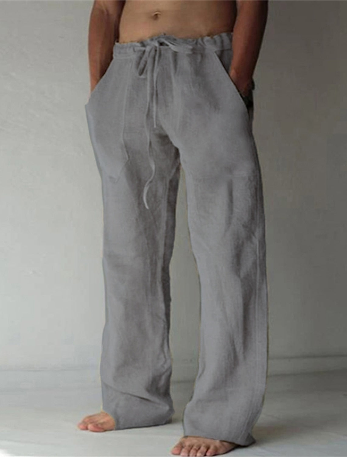 Men's beige linen blend relaxed fit pants lightweight breathable casual summer trousers