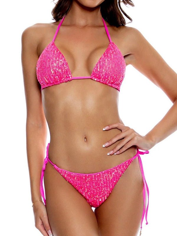 Women's glossy sequin bikini set silver shimmering stretch swimwear with reflective party-ready finish