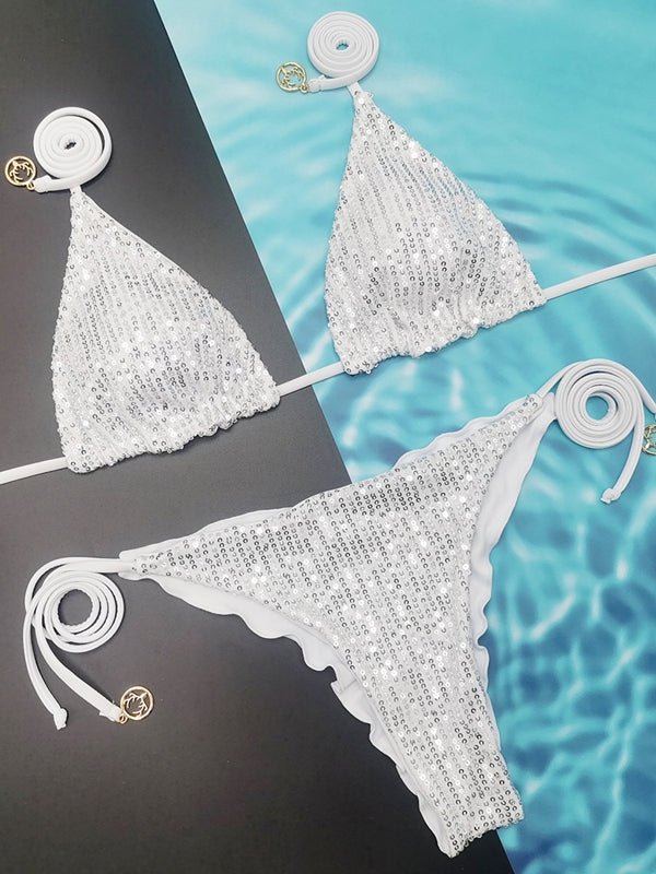 Women's glossy sequin bikini set, shimmering stretchy swimwear in sparkling finish for beach parties