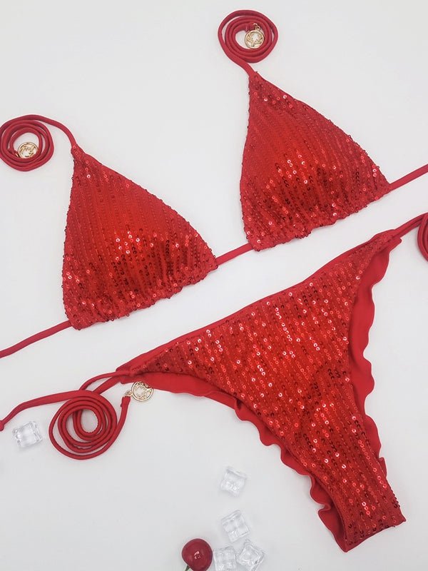 Women's glossy sequin bikini set, silver shimmering stretch swimwear with reflective party-ready finish