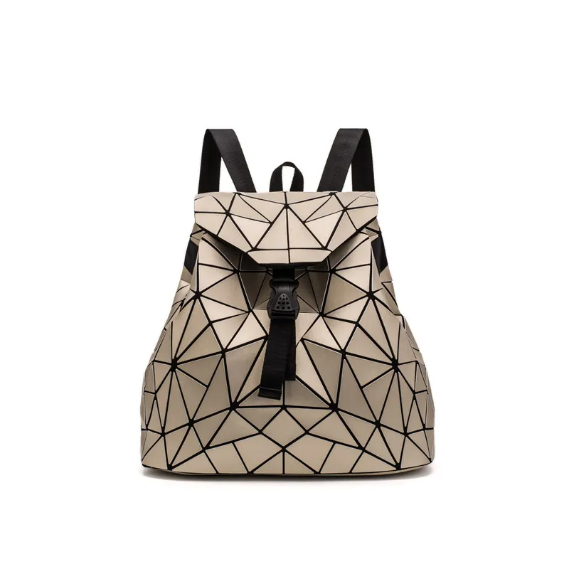 Holographic backpack with bold geometric design, iridescent color-shifting finish, spacious interior, top flap