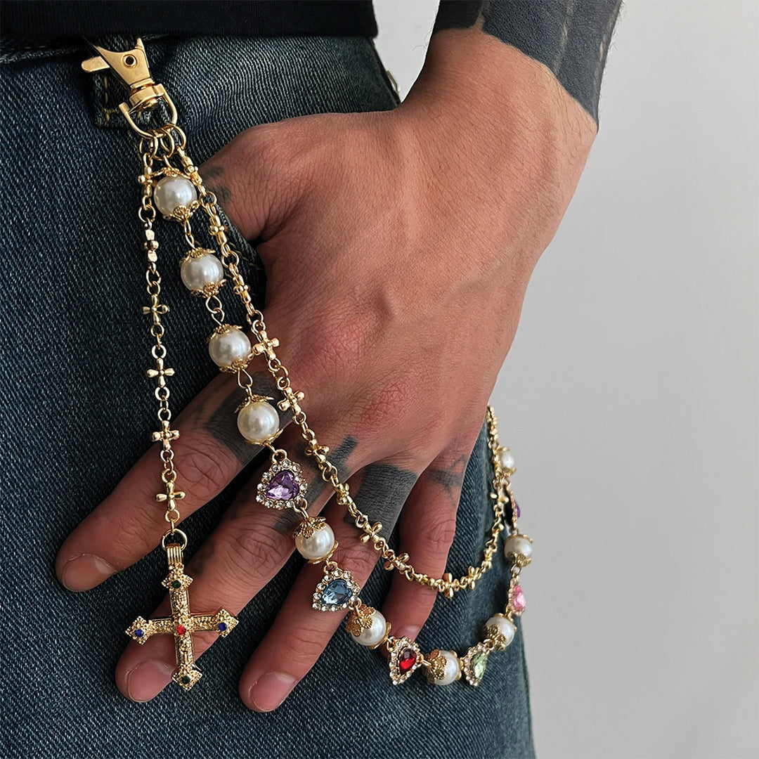 Layered faux pearl enamel hearts wallet chain with cross charm, 18.5 inch bold statement accessory