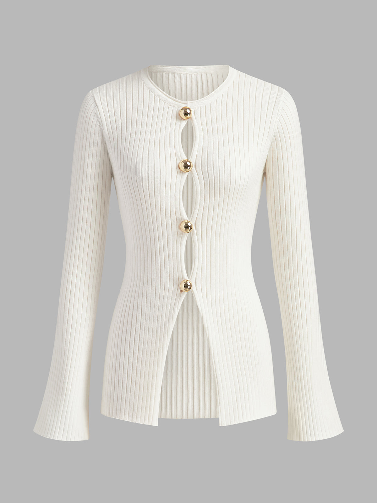 Women's cream knit split top with gold button detail, elegant leisurewear with subtle stretch