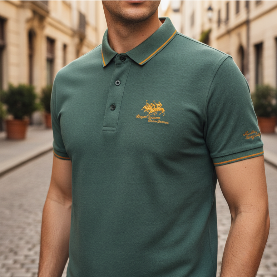 Men's classic regular fit polo shirt with ribbed collar and contrasting stripe sleeve detail