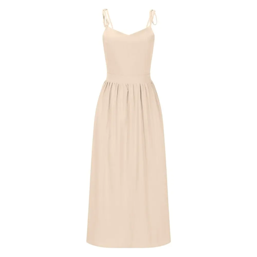 Elegant black bustier midi dress with V-neck backless design and pleated flowing skirt for women