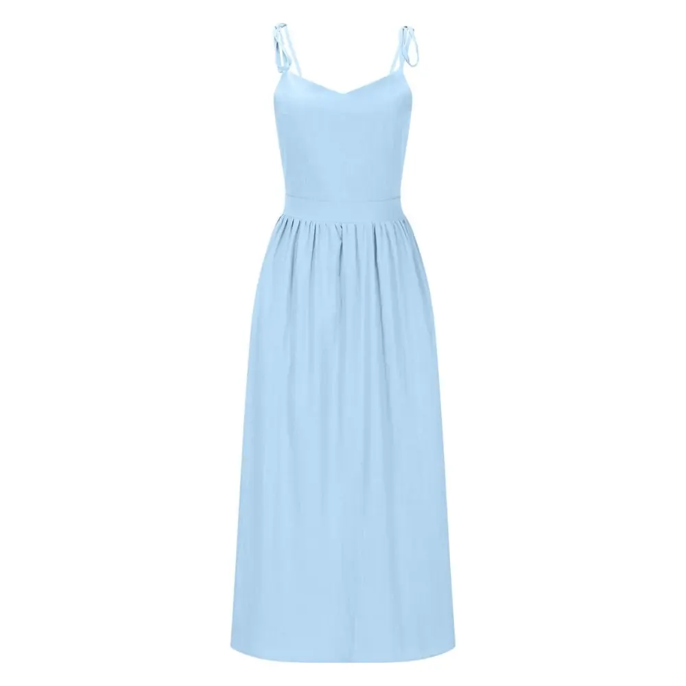 Elegant black bustier midi dress with V-neck, backless detail, and flowing pleated skirt for women