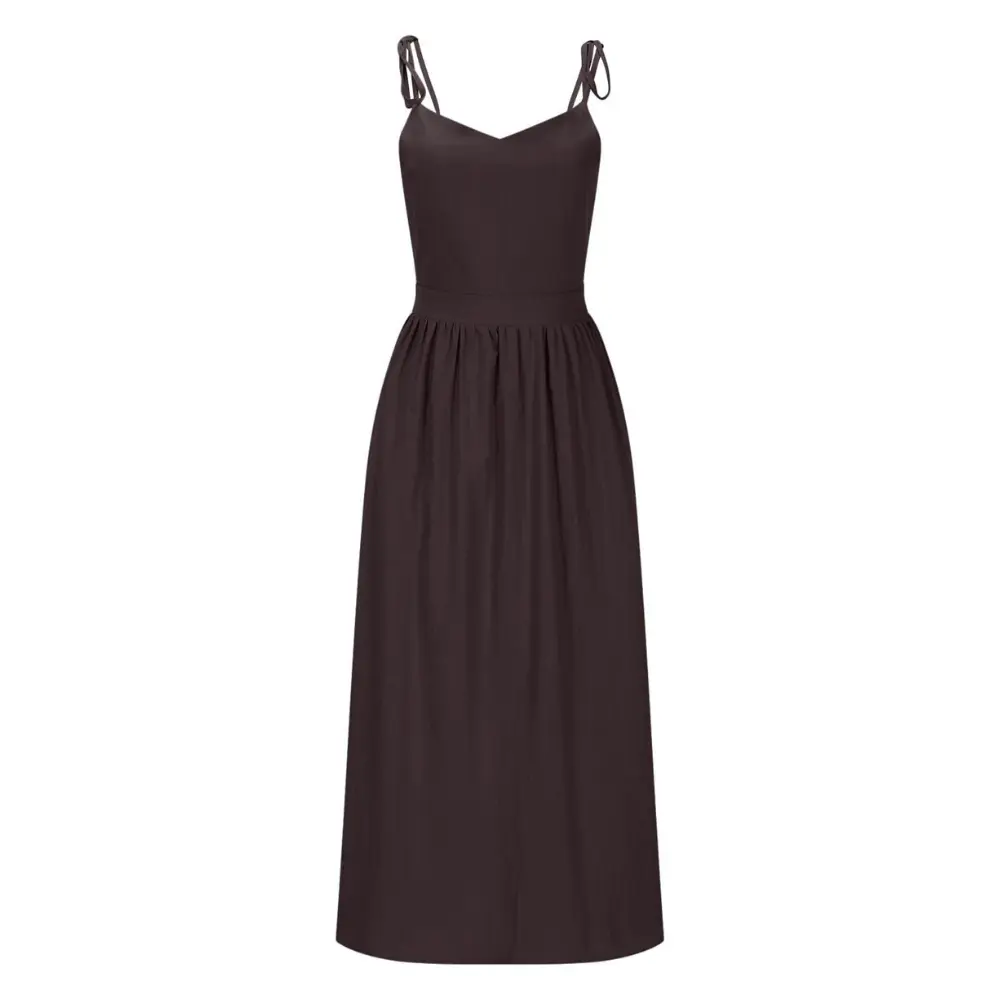 Elegant black bustier midi dress with V-neck, backless design, and pleated flowing skirt for women