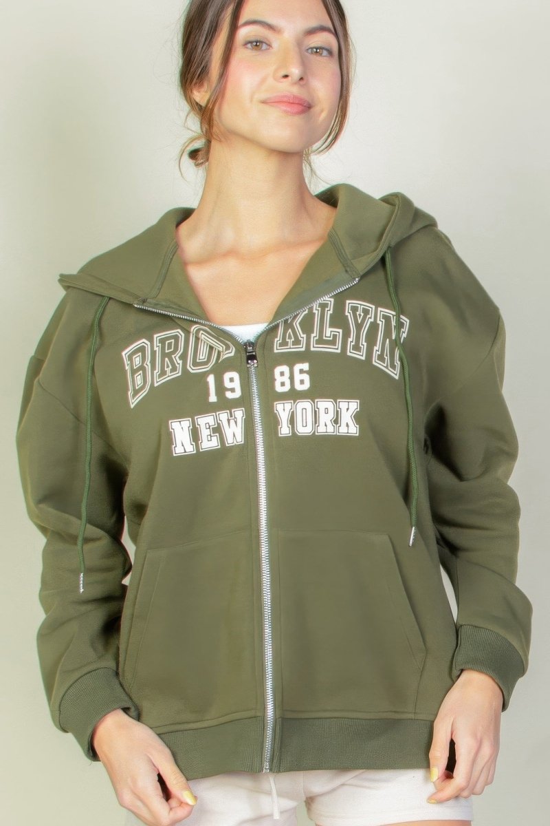 Black graphic drop shoulder full zip hoodie with relaxed silhouette and bold streetwear print