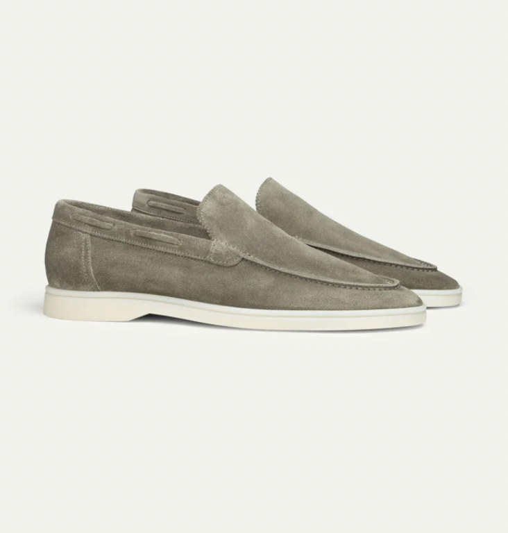 Men's suede leather loafers in neutral tone, slip-on style with luxury finish for smart-casual wear