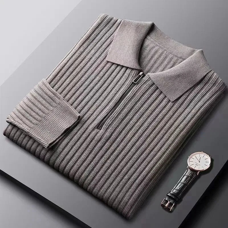 Men's ribbed zip-neck sweater in classic knit, modern slim fit with textured ribbing detail