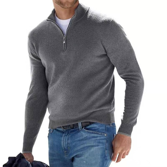 Men's casual half-zip knit sweater with adjustable neckline, long sleeves, relaxed fit for layering