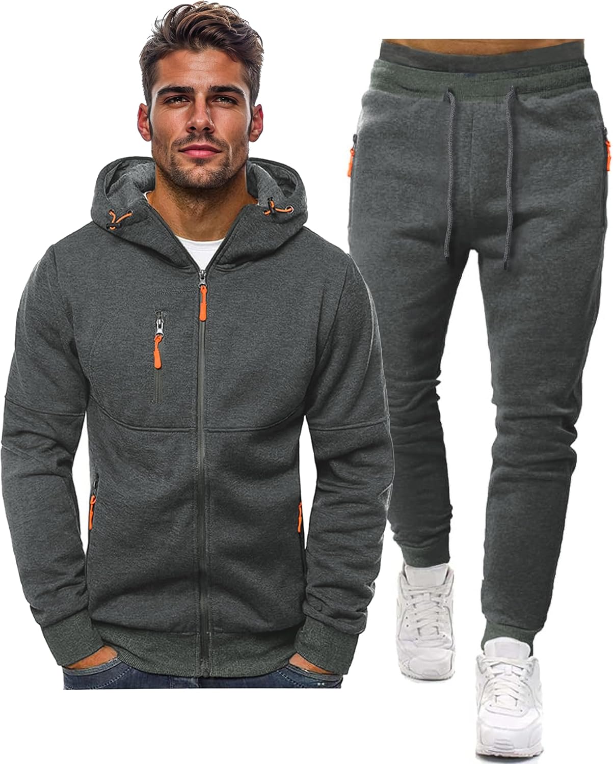 Men's gray zip-up hoodie tracksuit set with jogger pants, adjustable drawstrings and zipper pockets