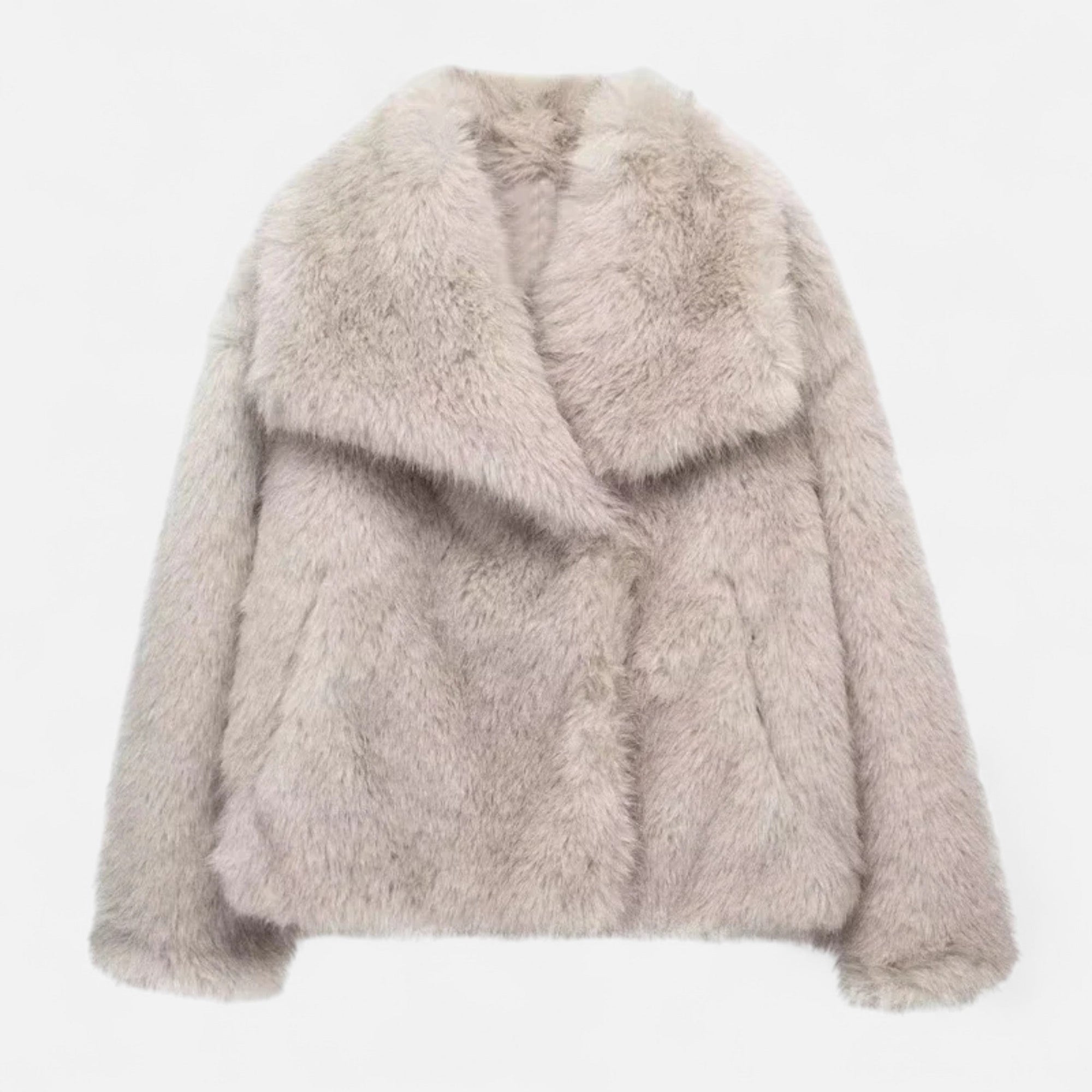 Women's cropped faux fur jacket with plush texture, statement oversized collar, chic everyday style