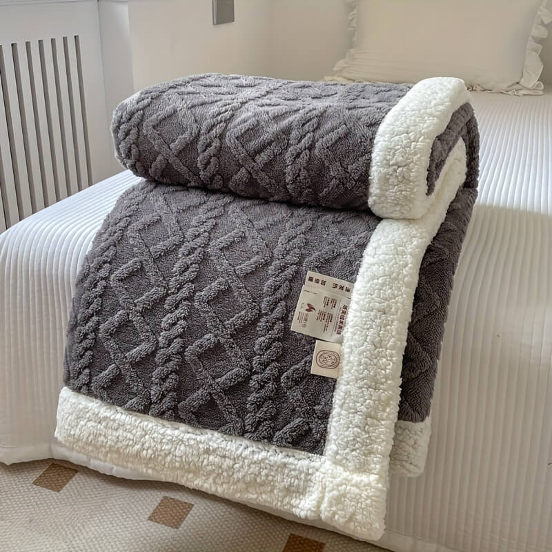 Ivory sherpa throw blanket with diamond texture dual-sided fleece cozy home decor accent