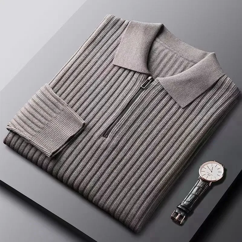 Navy ribbed fine-gauge knit polo structured silhouette zipper closure modern professional style