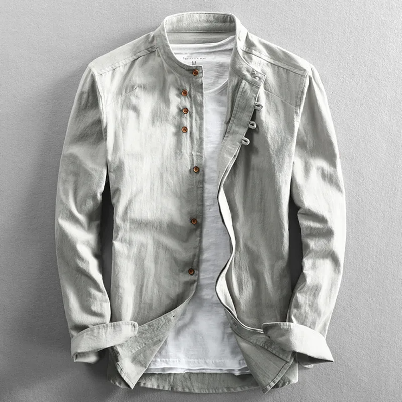 Men's slim fit linen mandarin collar shirt breathable casual button-front in neutral tone