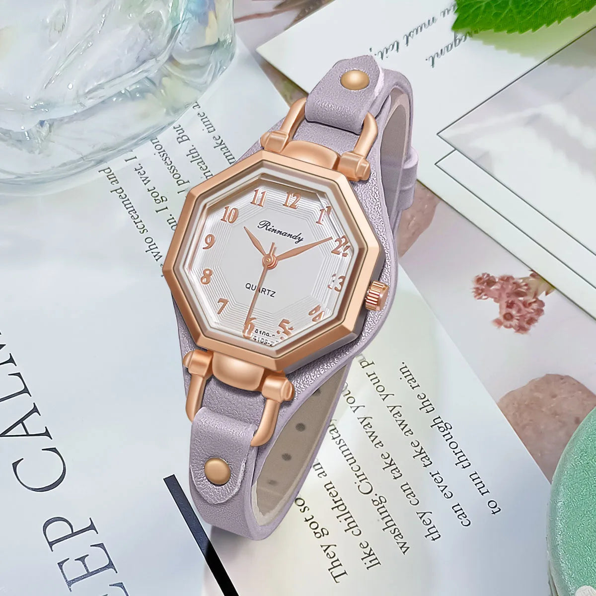 Bellezza Montre rose gold hexagon case women's quartz watch with leather strap