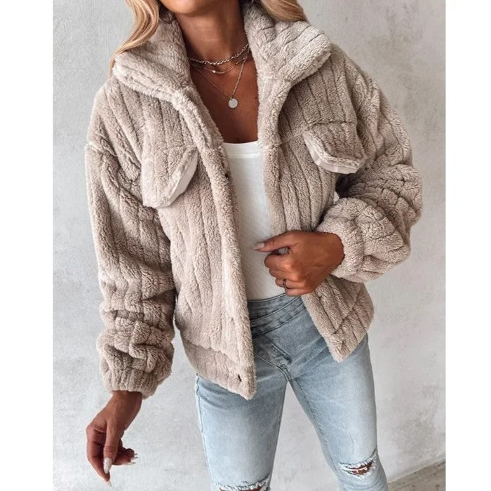 Women's cropped faux fur trucker jacket, ribbed knit texture, loose oversized fit, turn-down collar