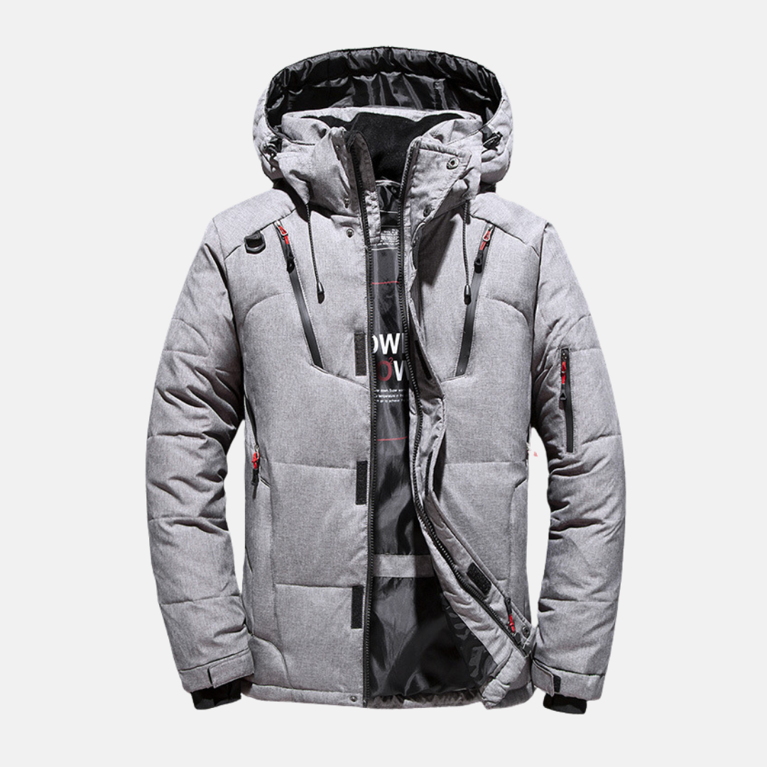 Men's black hooded puffer down jacket relaxed fit hip-length coat with zippered pockets