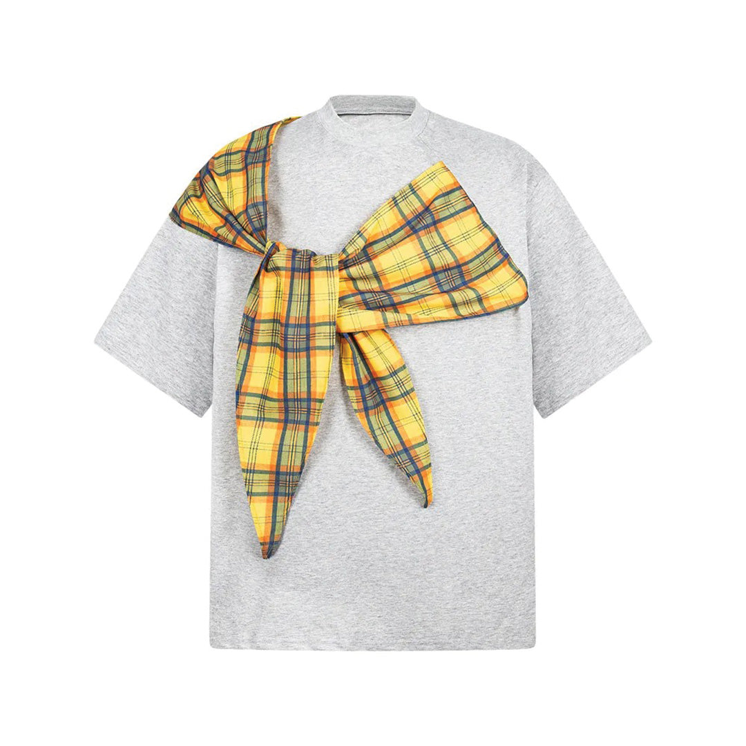 Kids white cotton O-neck tee with oversized off-center plaid bow sculptural statement detail