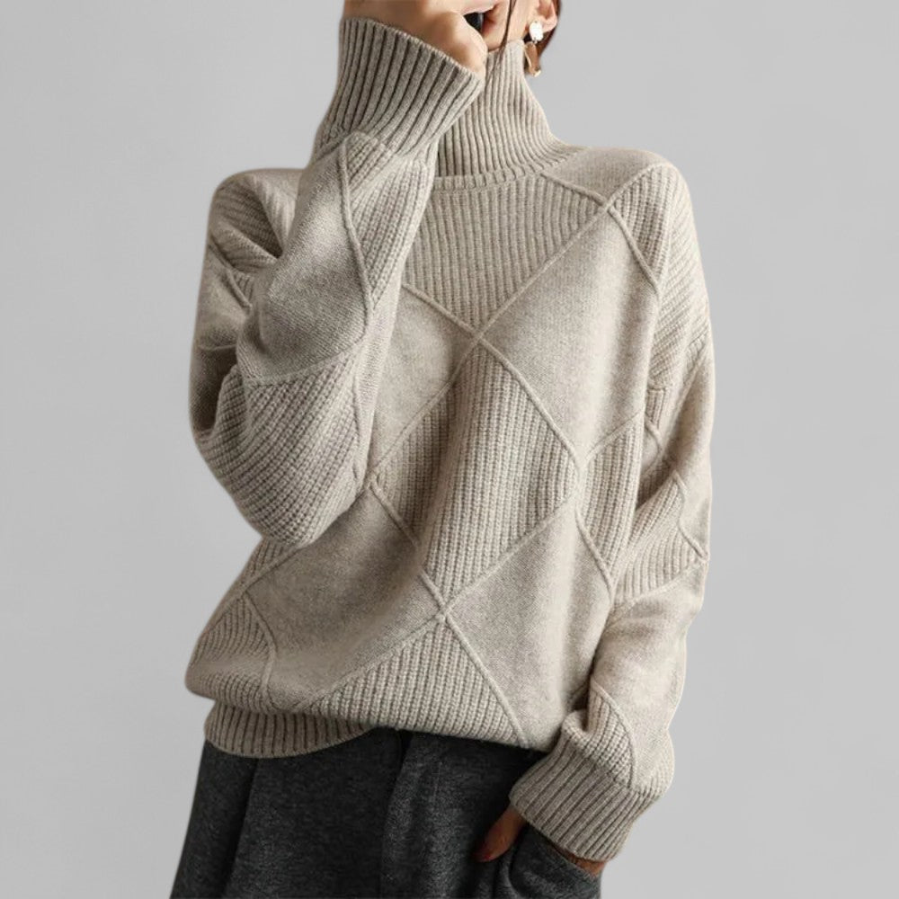 Violet women's turtleneck sweater with diamond-knit pattern, cozy winter style in rich purple hue