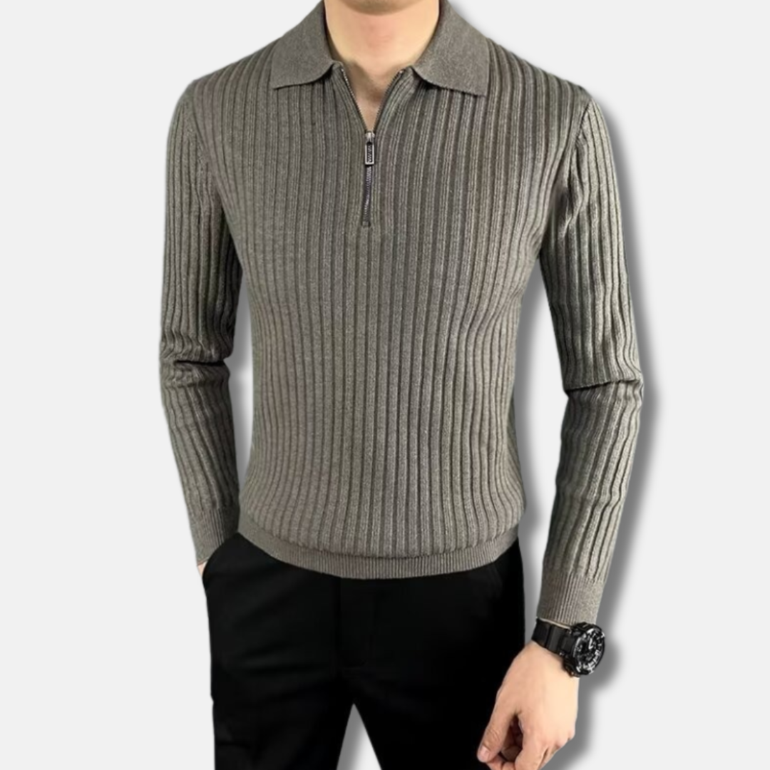Men's slim fit rib knit half-zip polo collar sweater smart casual knitwear with ribbed texture