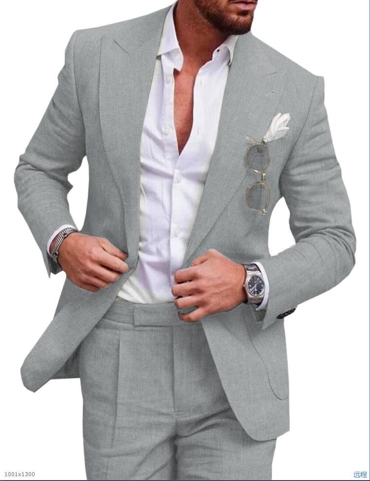 Beige slim fit linen suit for men, single breasted lightweight Nordic style for weddings