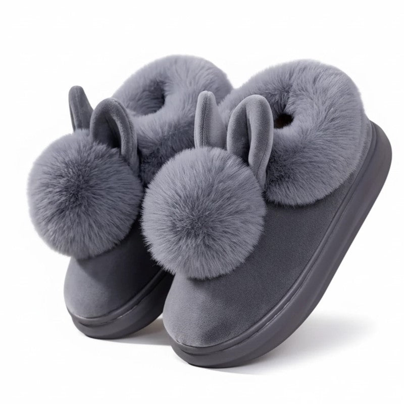 Women's plush slip-on slippers in cream fleece with playful bunny ear fur trim for cozy warmth