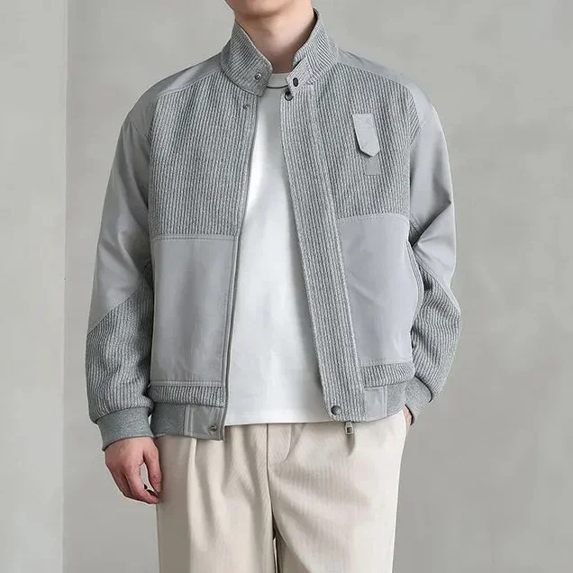 Hybrid bomber jacket navy corduroy woven panels stand collar asymmetrical strap urban streetwear
