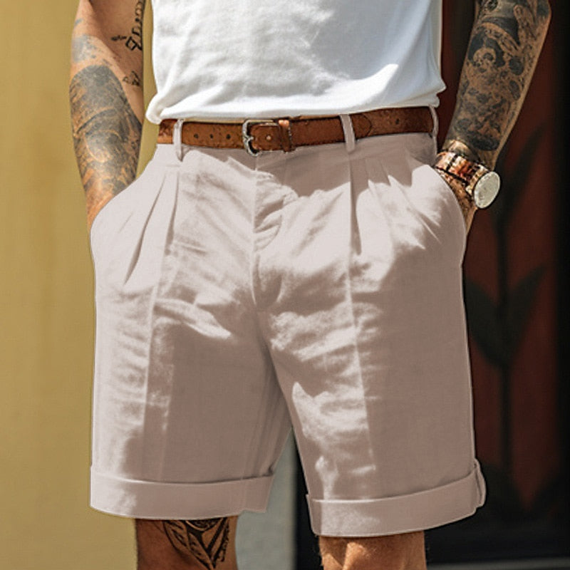 Men's linen-cotton blend shorts classic fit breathable summer style in neutral tones