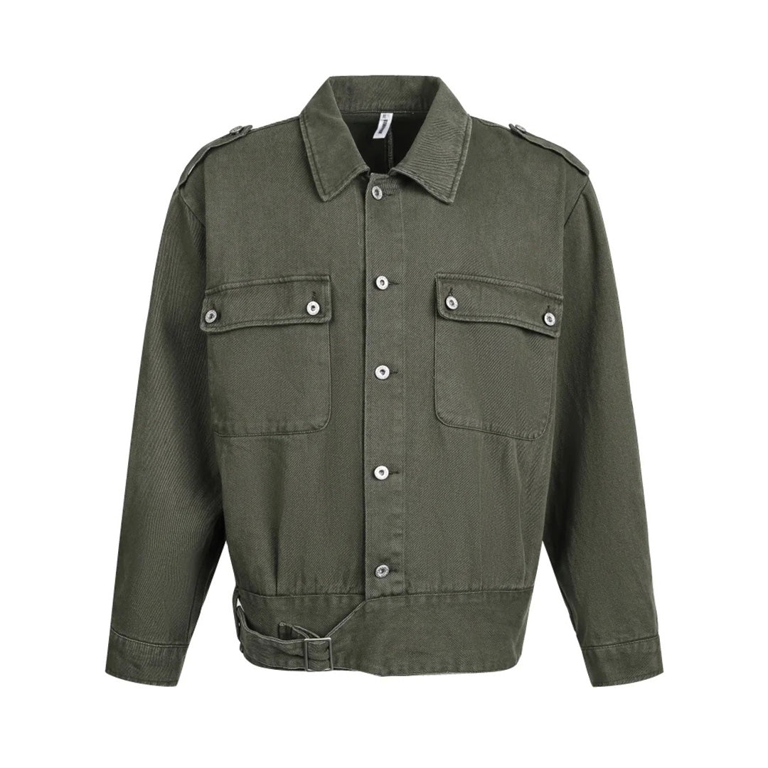 Midnight denim workcoat boxy modern cut dual zip chest pockets adjustable waist tab