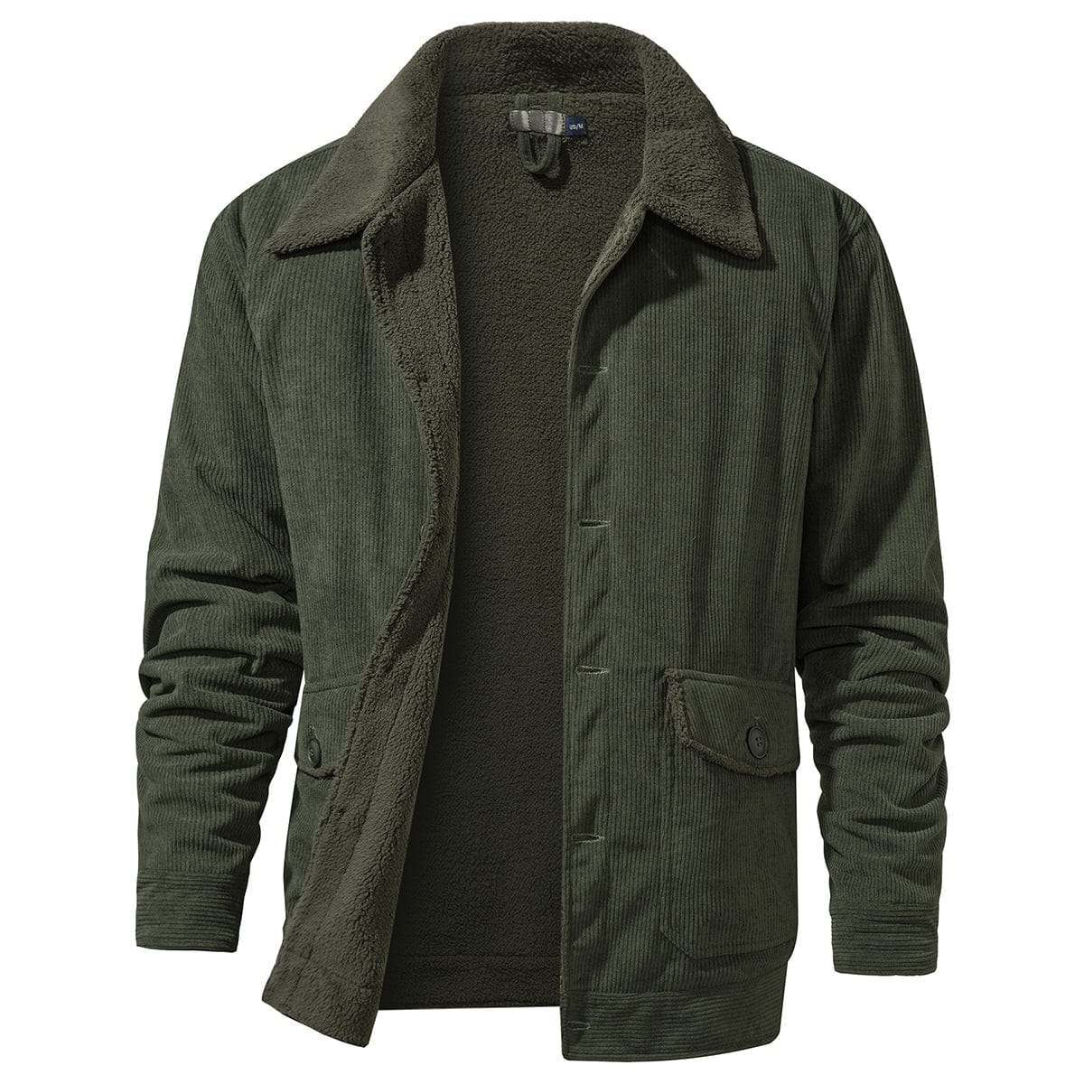 Men's olive green relaxed fit fleece jacket with button front closure and patch pockets