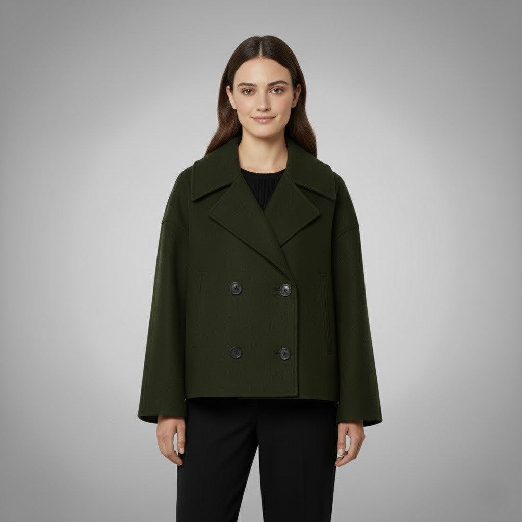 Women's cropped double-breasted short jacket in classic tailored style with elegant button closure