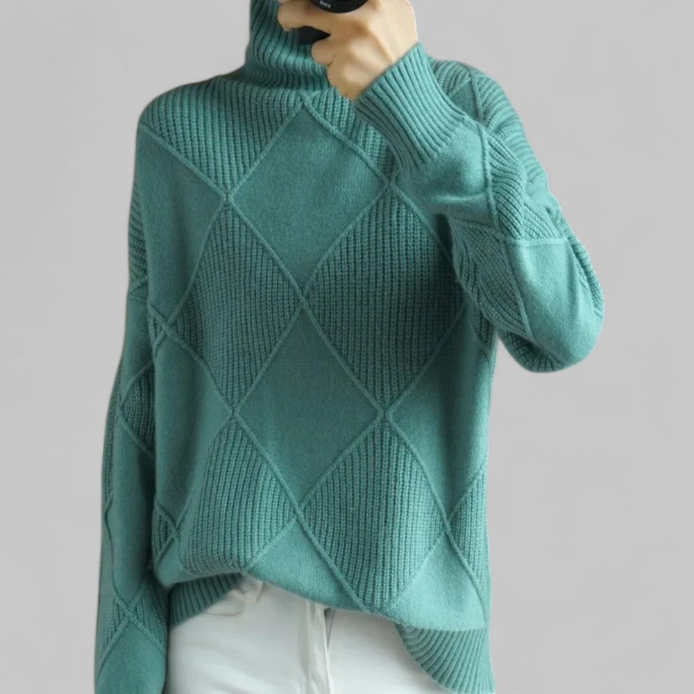 Violet women's turtleneck sweater with diamond-knit pattern, cozy winter style in rich purple hue