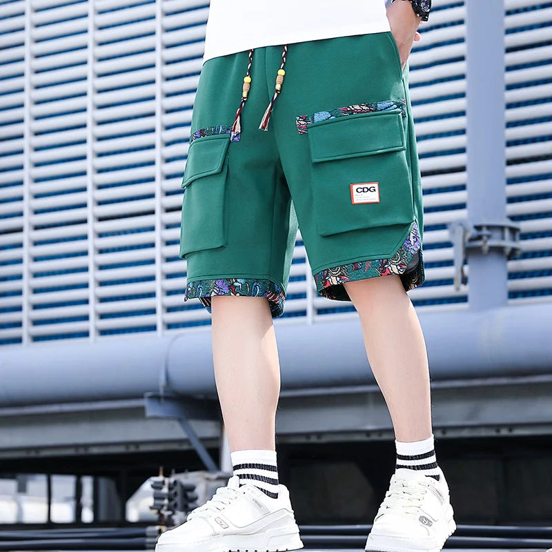 Men's tribal cargo shorts beige cotton blend oversized pockets bead trim drawcords utility style