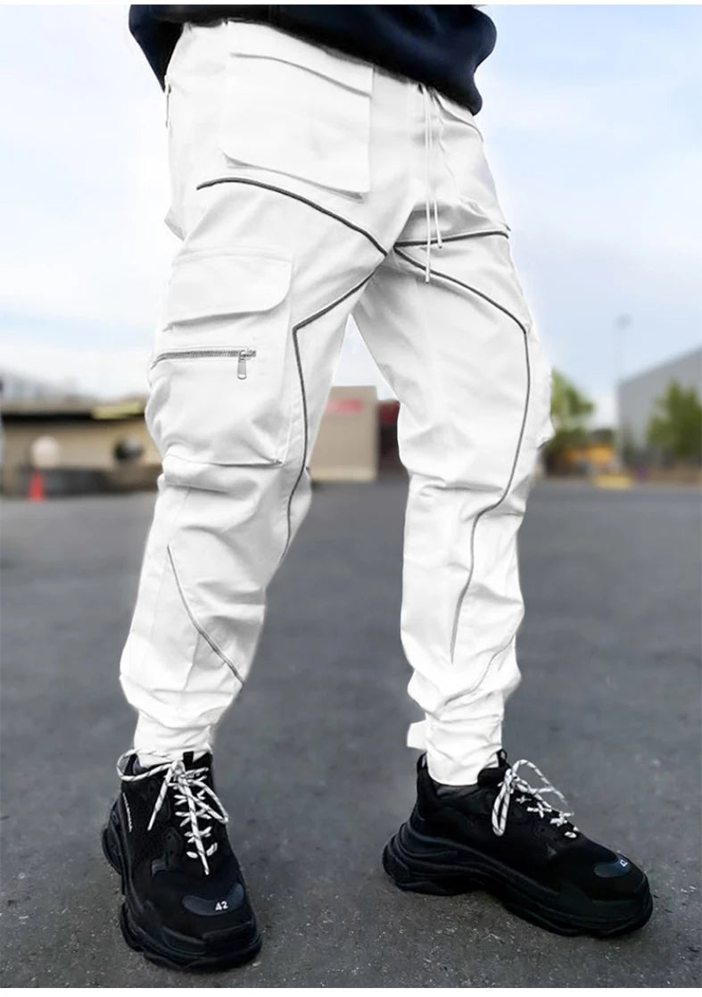 Black tapered cargo jogger with reflective high-visibility piping and featherweight performance fabric