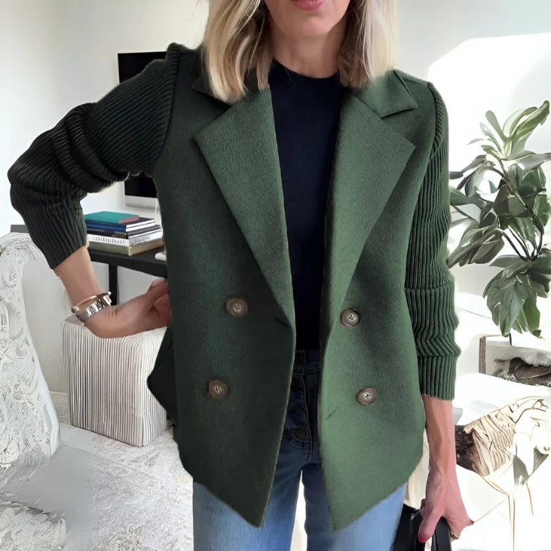 Women's beige double-knit sweater blazer with stretch sleeves and tailored silhouette