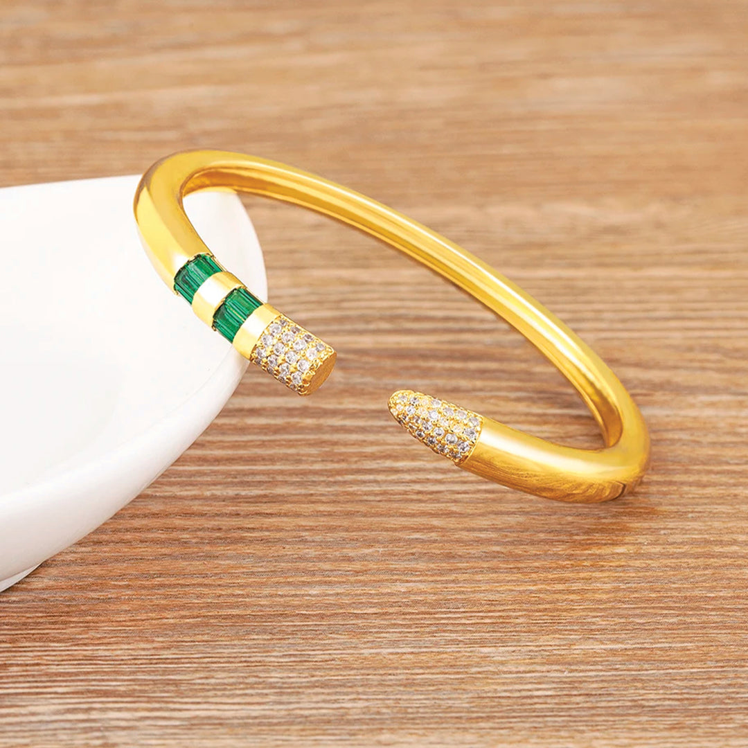 Gold plated pencil cuff bracelet with cubic zirconia inlays adjustable unisex minimalist bangle