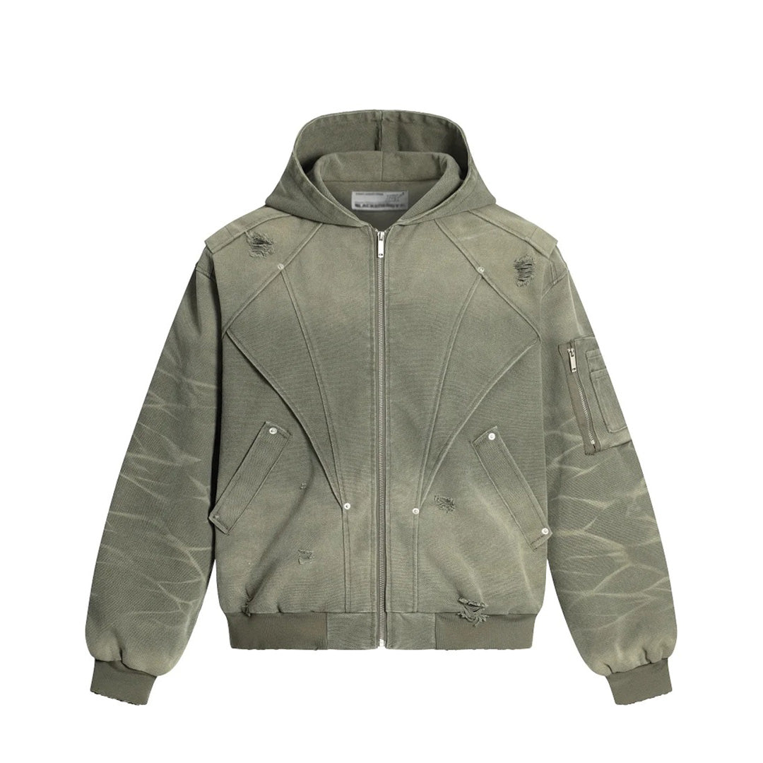Men's faded cotton hooded jacket with distressed panels, zip pockets, and urban street style cut