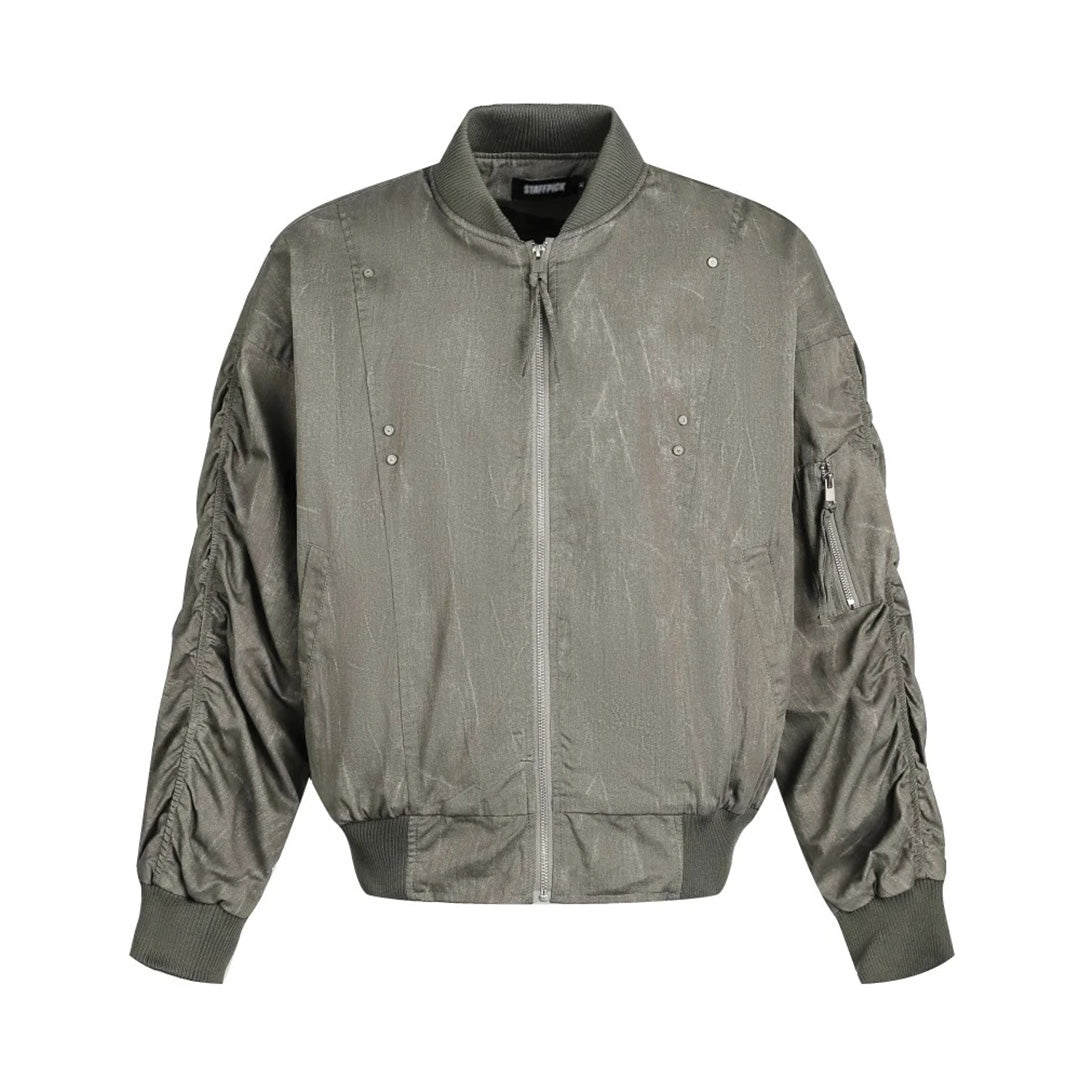 Brutalist shell bomber jacket black crinkled poly-nylon gathered sleeves structured downtown style