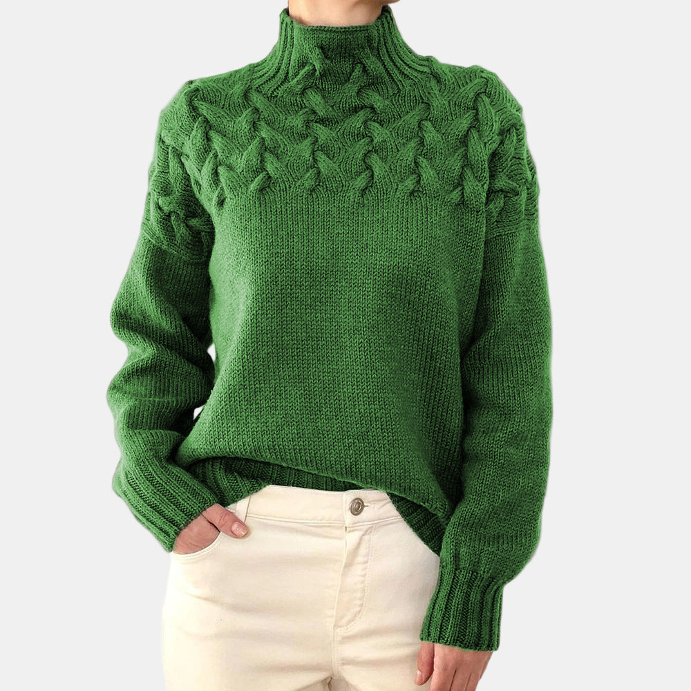 Women's cream cable knit turtleneck sweater relaxed fit with raised texture bodice