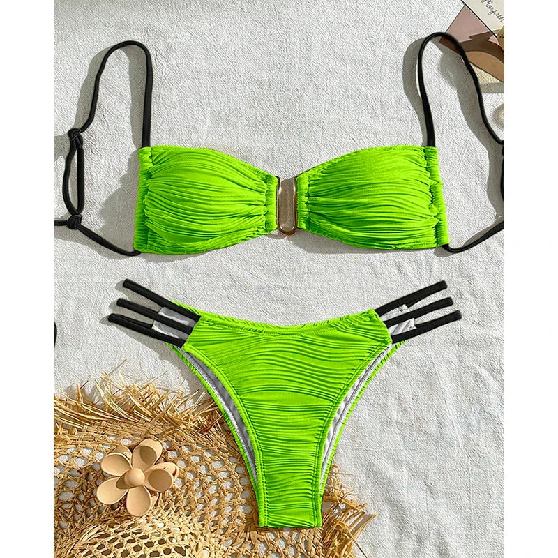 Tulum ruched bandeau bikini set boho beachwear soft stretch fabric with gold ring detail for women