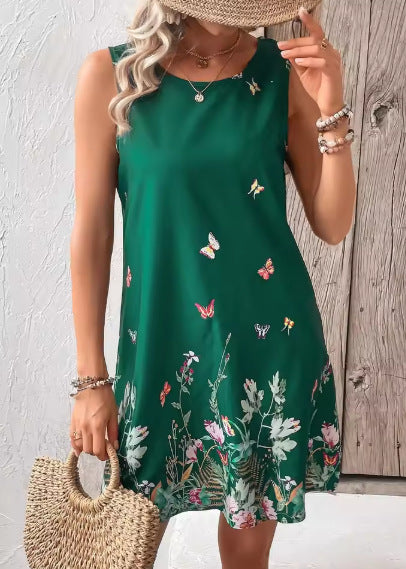 Women's relaxed fit sleeveless floral print vest dress dark base lightweight casual summer