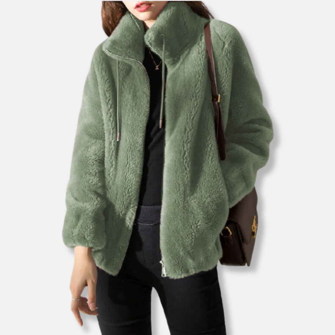 Women's light fleece jacket relaxed fit stand collar full zip elastic cuffs casual cozy layering