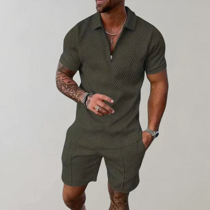 Men's cotton linen two-piece summer set slim-cut tee and coordinating shorts lightweight vacation wear