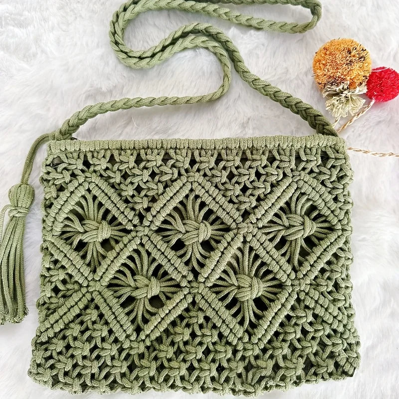 Hand-knotted rope crossbody bag with tassel strap, geometric artisan texture, lightweight structured silhouette
