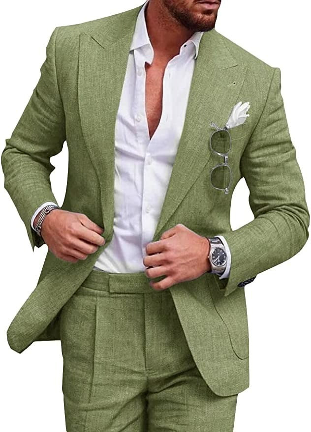 Men's slim fit beige linen suit single breasted lightweight breathable Nordic style for weddings