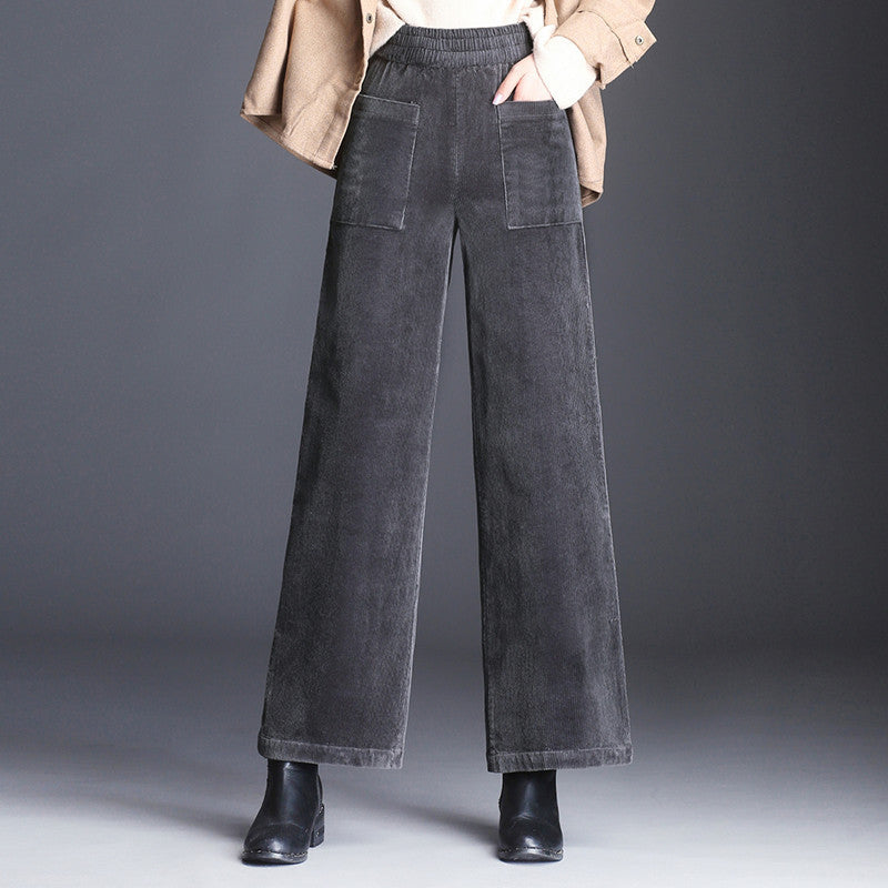Women's high-waist flared corduroy pants vintage style with patch pockets and retro hem silhouette