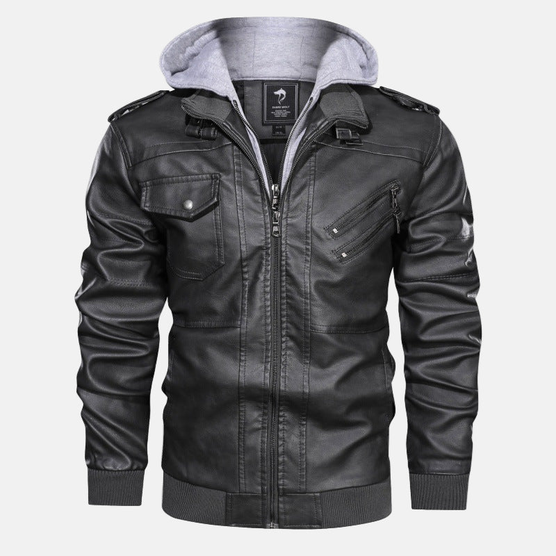 Men's black PU leather hooded moto jacket with zip pockets and adjustable buckle collar