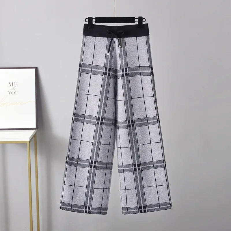 Women's plaid palazzo trousers high-waisted wide-leg cotton knit with flattering silhouette